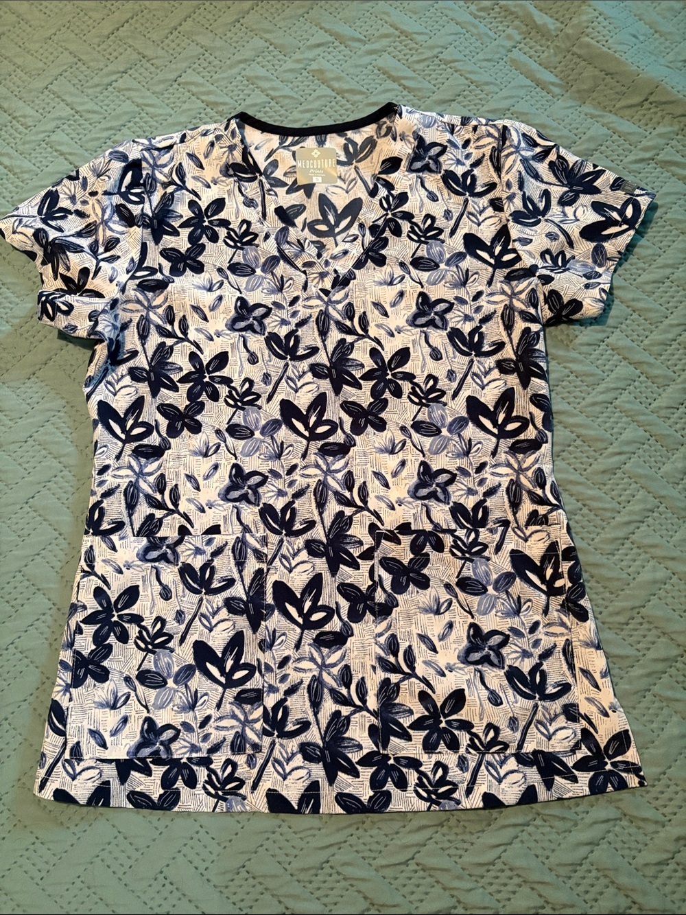 Medcouture Navy and White Floral V-Neck Scrub Top